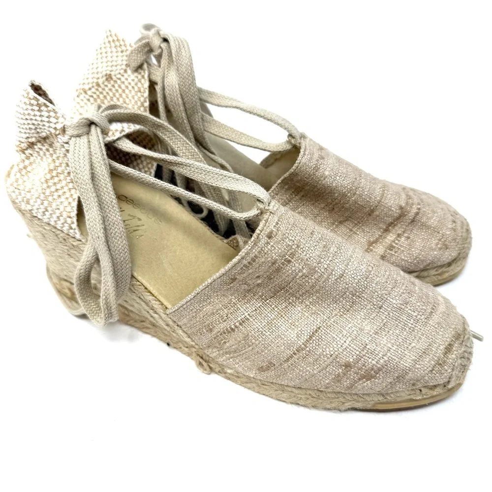 Andre Assous Lennon Espadrille Wedge Sandals 9.5 Woven Luxury Boho Beige Tie‎
